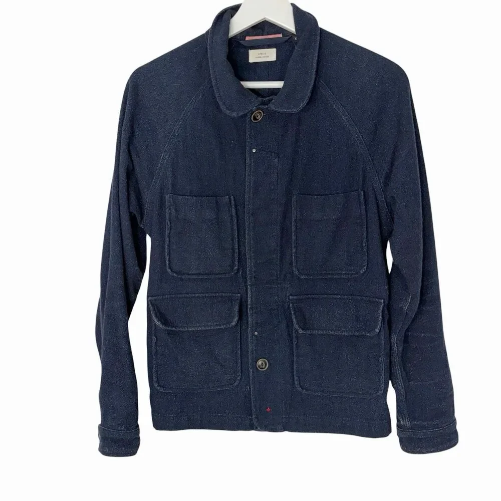 Apolis Indigo Chore Coat Dark Wash Utility Pockets XS Imperfect Mendedl